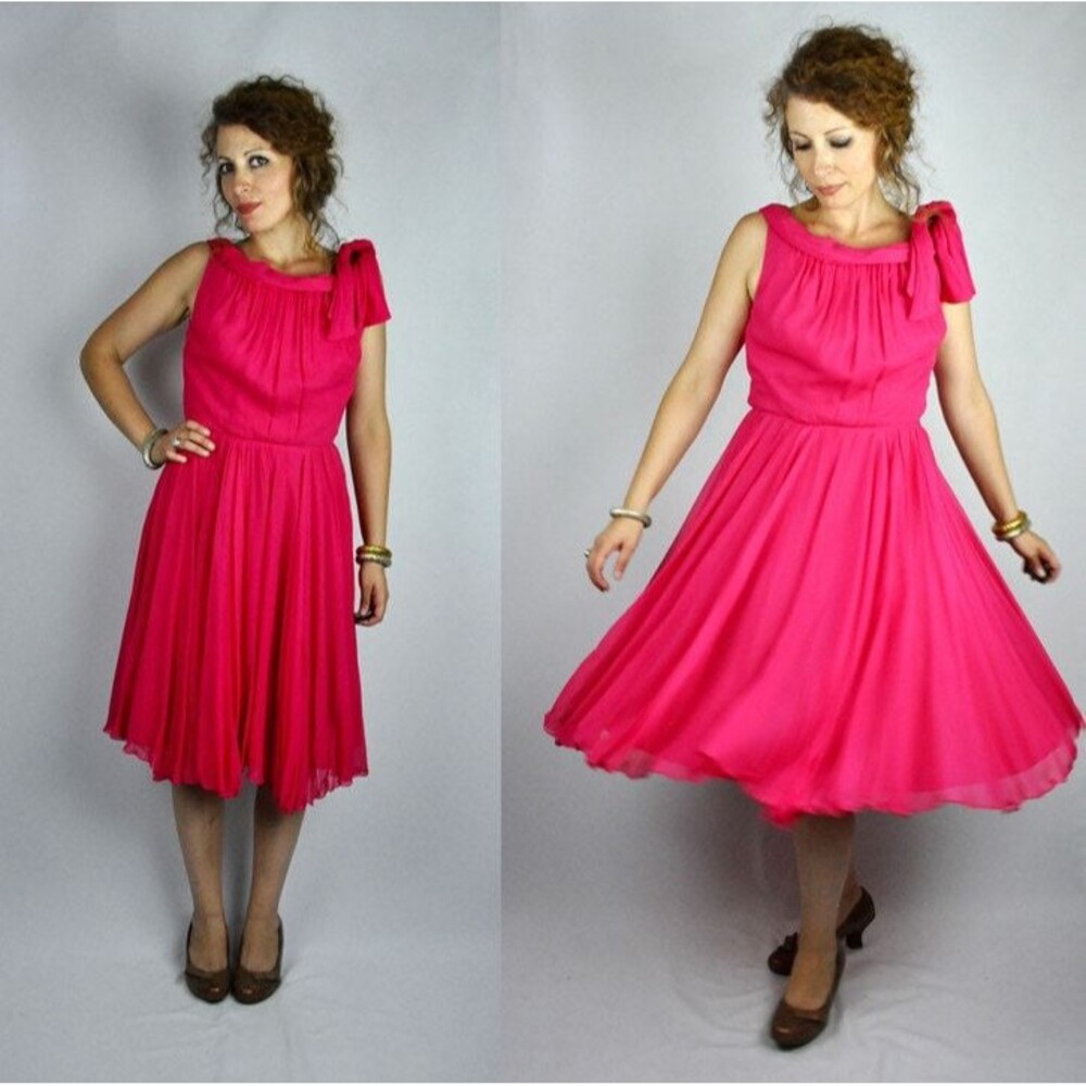 50s SILK Hot Pink Fuchsia Dress - Miss Elliette California Full Skirt Dress S M
